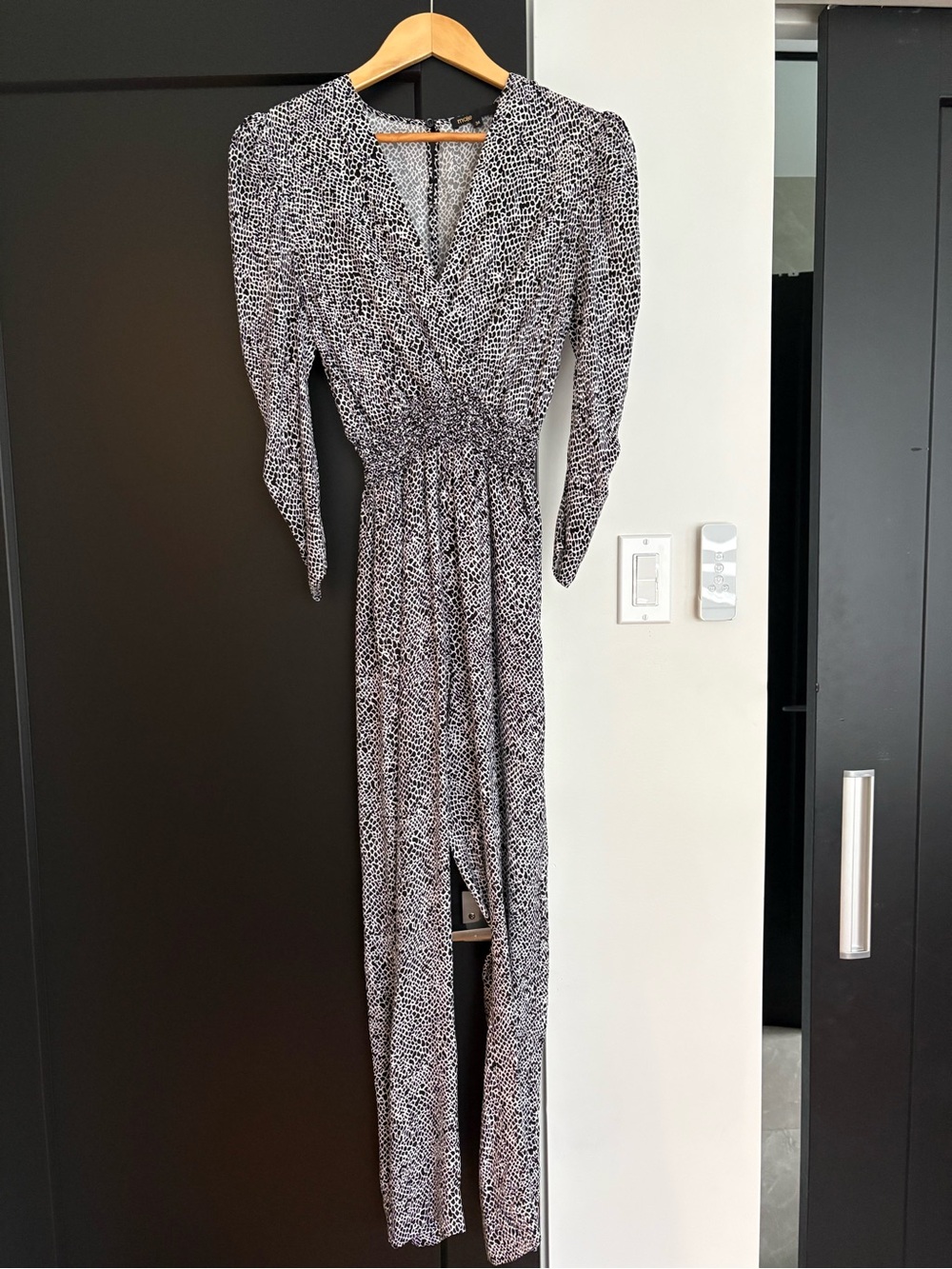 Maje Black and White Printed Long-Sleeve Wrap Maxi Dress